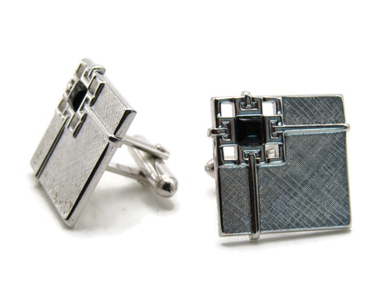 Square Cuff Links Black Stone Inlay Brushed Finis… - image 1