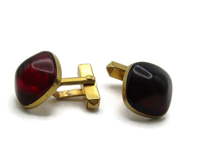 Dark Red Stone Inlay Cuff Links Men's Jewelry Gold Tone