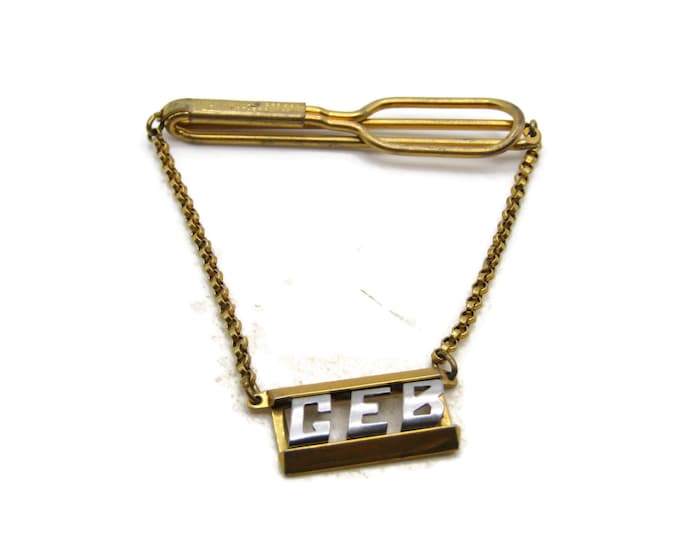 GEB Letter Initial Monogram Tie Clip & Chain Tie Bar Men's Jewelry Gold Tone