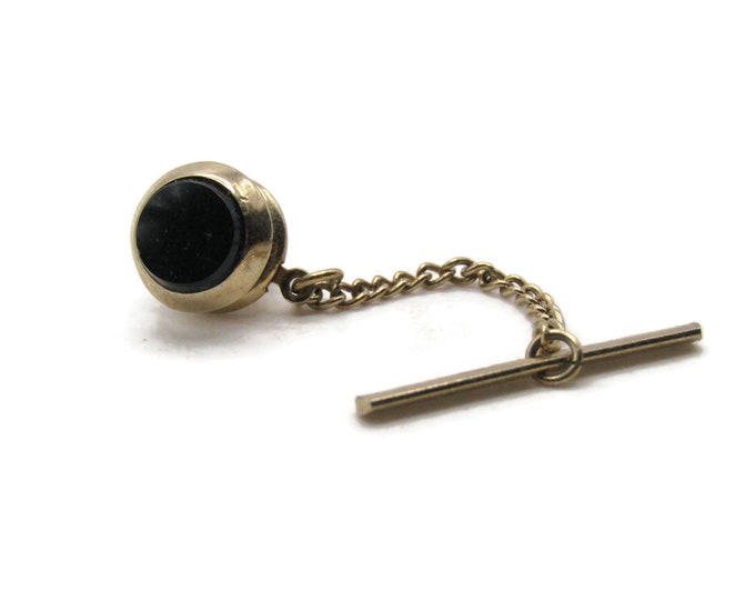 Round Black Stone Inlay Tie Pin And Chain Men's Jewelry Gold Tone