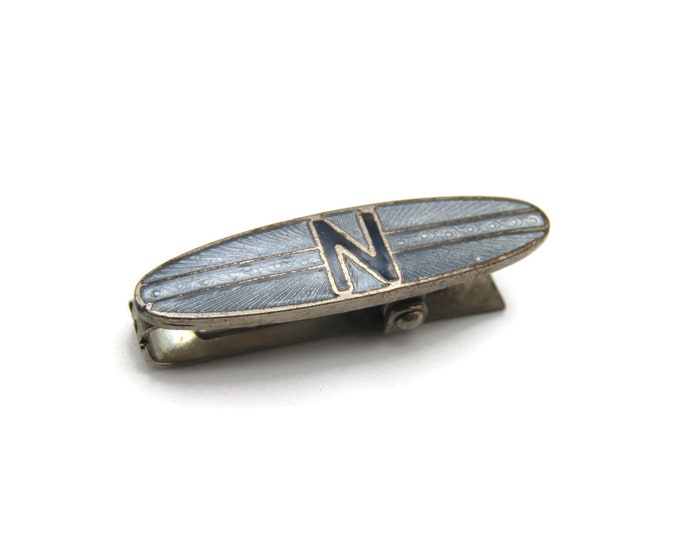 N Letter Monogram Black Lettering Enamel Silver Tone Tie Bar Tie Clip Men's Jewelry