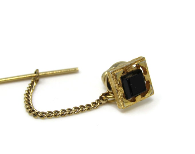 Black Glass Center Tie Tack Pin Gold Tone Vintage Men's Jewelry