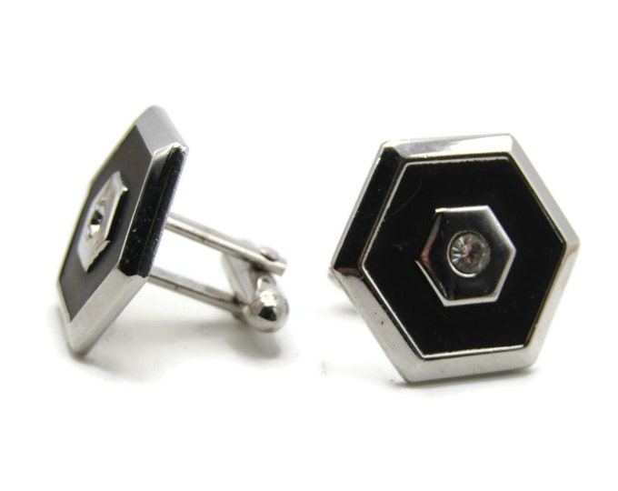 Rhinestone Inlay Polygon Cuff Links Men's Jewelry Black And Silver Tone