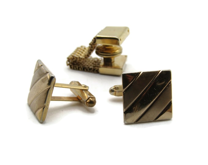 Square Diagonal Pattern Cuff Links And Chain Snap Men's Jewelry Gold Tone