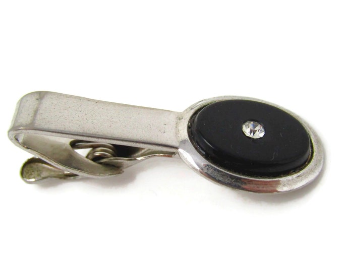 Black Accent Tie Clip Men's Vintage Tie Bar Silver Tone Clear Jewel