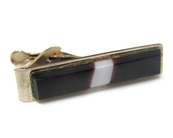Vintage Gold Tone Tie Clip: Dark Glass with White Stripe