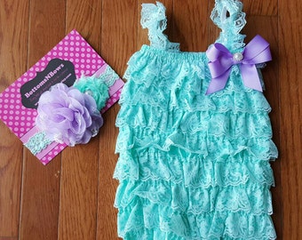 Aqua &Lavender Petti Lace Romper and Headband set,Birthday,flower girl,ballerina,newbornphoto prop,infant, toddler, girl