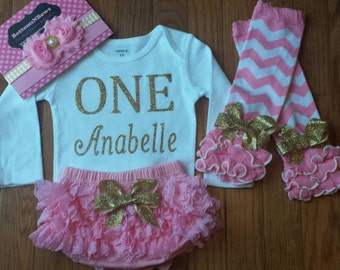 Gold Glitter Vinyl Bling "ONE" Onesie, Pink Lace Bloomers  Chevron Leg Warmers, & Headband Set, baby girl,1st Birthday,Cake Smas3