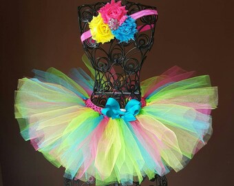 Adorable Hot Pink,Turquoise, Yellow, & Green tutu and headband set,flower girl, smash cake, birthday, baby girl, Newborn,  Infant,  toddler