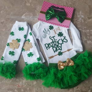 My 1st St. Patrick&#39;s Day Glitter Vinylbodysuit, chiffon ruffled tutu Bloomers,Leg Warmers,& Headbnd Set