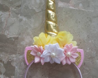 Beautiful pink, yellow, white, and gold Unicorn Headband