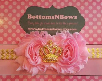 Pink and Gold Shabby Chic headband with gorgeous crown Newborn, Baby girl, newborn, toddler, cake smash, Photo prop, first birthday