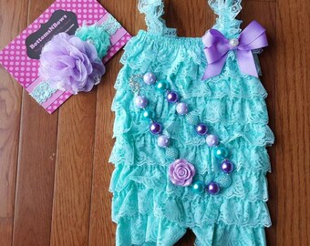 Aqua and Lavender Petti Lace Romper Headband and Necklace 3 piece set,Birthday,flower girl,ballerina,newbornphoto prop,infant, toddler, girl