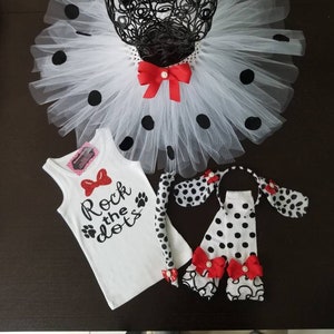 Adorable Dalmatian Tutu,tank top or shirt Headband/Ears, Tail & Leg warmers Costume,  infant, toddler, girls