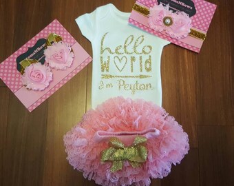 Gold Glitter Vinyl "Hello World I'm name bodysuit , Pink tutu Bloomers,Headband & Barefoot Sandals Set,newborn,hospital outfit,take home set