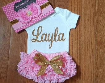 Gold Glitter Vinyl Bling with personalized name Onesie, Lace Bloomers, & Headband Set, baby girl, newborn, hospital outfit,take home set