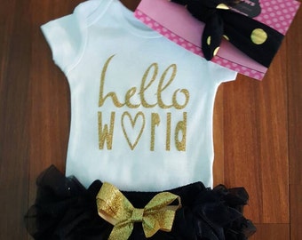 Ready to Ship Gold Glitter Vinyl "Hello world " Onesie,chiffon Tutu Bloomers,&Headband Set,  newborn, hospital outfit,take home set