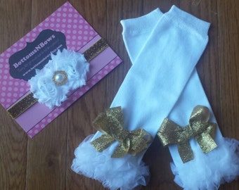 White Leg Warmers with gold glitter bows and Headband Set, infant, toddler, baby girl, 1st Birthday, Photo Prop, Cake Smash