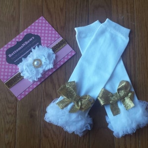 White Leg Warmers with gold glitter bows and Headband Set, infant, toddler, baby girl, 1st Birthday, Photo Prop, Cake Smash