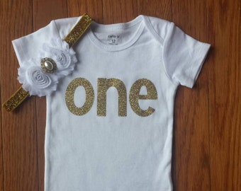 Ready to Ship Gold Glitter Vinyl Bling "ONE" Onesie and Headband Set, infant, toddler,baby girl, 1st Birthday, Photo Prop, Cake Smash