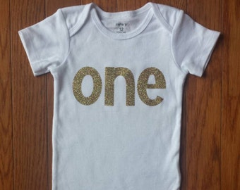 SALE Ships out fast Gold Glitter Vinyl Bling "ONE" Onesie, infant, toddler, baby girl, 1st Birthday, Photo Prop, Cake Smash Set