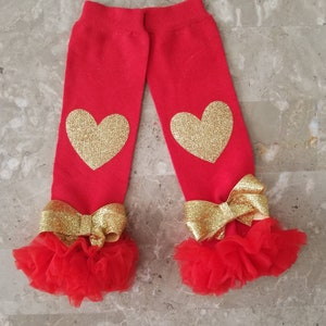 Ready to ship red chiffonRuffled Leg Warmers with gold glittery vinyl bling non shed hearts , baby girl, toddler,infants, photo prop, girls,