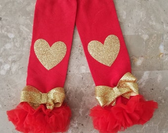 Ready to ship red chiffonRuffled Leg Warmers with gold glittery vinyl bling non shed hearts , baby girl, toddler,infants, photo prop, girls,