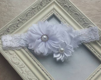 Gorgeous White Chiffon Lace Headband, Newborn Headband,Babygirl Headband,Christening, Baptism, flower girl, toddler, Headband, birthday