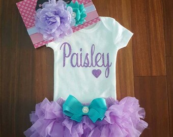 Lavender & Aqua Vinyl z personalizowanym imieniem Onesie, szyfonowe Tutu Bloomers i zestaw HD, dla dziewczynki, noworodka, strój do szpitala, zestaw do zabrania do domu