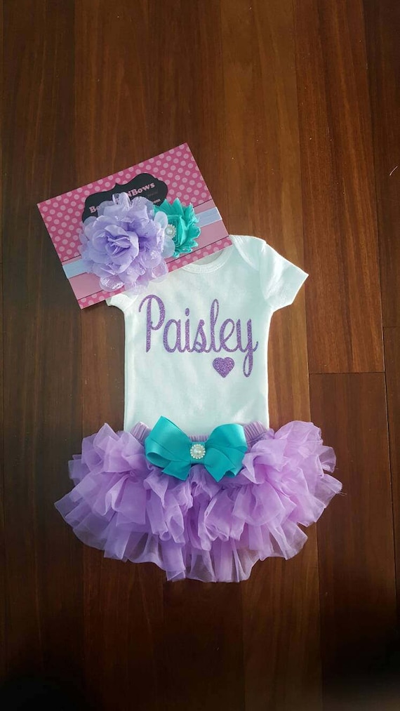 Lavender Aqua Vinyl With Personalized Name Onesie, Chiffon Tutu