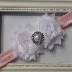 White and pink Shabby headband, Easter, Spring, Birthday,Newborn Headband,Babygirl Headband,photo prop, flower girl,