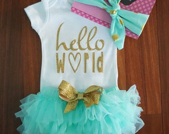 Ready to Ship Gold Glitter Vinyl "Hello world " Onesie,chiffon Tutu Bloomers,&Headband Set,  newborn, hospital outfit,take home set