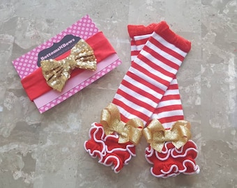 Ready to ship Red and white candy cane striped leg warmers with gold glitter bows & Headband Set, baby girl, toddler, photo prop, girls,