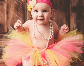 Adorable Pink Lemonade Yellow & Hot Pink tutu and headband set,flower girl, smash cake, birthday, baby girl, Newborn,  Infant,  toddler