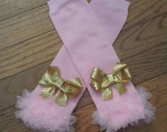 Ready to ship Pink Chiffon Ruffled Leg Warmers with gold glittery bling bows, baby girl, toddler,infants, photo prop, girls, tutus, sets