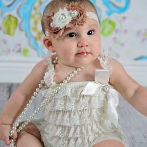 SALE Ivory Petti Lace Romper and Headband set,Birthday,flower girl,ballerina,newborn photo prop, Chistening, Baptism,infant, toddler, girl