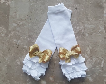 White Cotton Ruffled Leg Warmers with gold glittery bling bows, baby girl, toddler,infants, photo prop, girls, tutus, sets