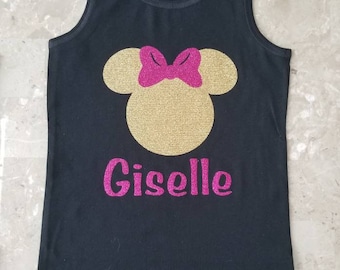 Adorable Minnie Mouse glitter vinyl black tank or short sleeve shirt SIZE 2t to 12/14  toddler,baby girl, girl