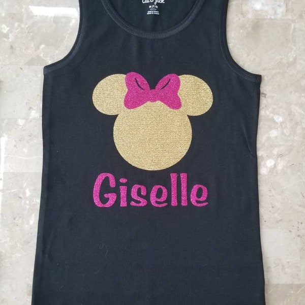 Adorable Minnie Mouse glitter vinyl black tank or short sleeve shirt SIZE 2t to 12/14  toddler,baby girl, girl