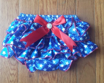 SALE Ready to Ship 4th of July Satin Ruffled Bloomers, Toddler, infant, baby, smash cake set, my 1st 4th of July