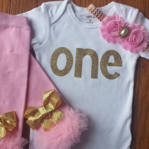 VENTA Gold Glitter Viny Bling "ONE" Onesie, Pink Leg Warmers, & Headband Set, infant,toddler,baby girl,1st Birthday,Cake Smash