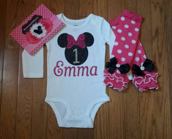 Minnie Mouse Glitter Vinilo 1 con body de nombre personalizado lunares punto Calentadores de piernas Headband Set nina 1er cumpleanos Cake