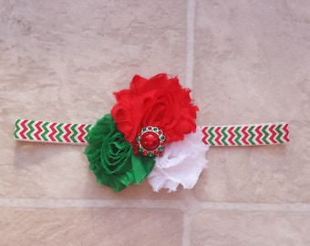 Christmas Red White and Green Chevron headband , Newborn Headband,Babygirl Headband,toddler,child, two flower Shabby Chic Headband