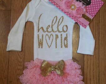 Ready To Ship Sale 3pc set SS 31.95 "Hello World" Onesie, Pink Lace Bloomers,& Headbnd Set, baby girl, newborn,hospital outfit,take home set