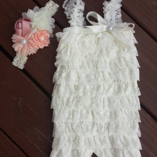 Ivory Petti Lace Romper and lace Headband set, 1st Birthday, Spring, flower girl,photo prop,infant, toddler