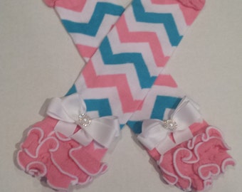 Pink Turquoise & white chevron ruffled leg warmers with bows,chevron,photo prop,baby girl leg warmers,toddler legwarmers,girls arm warmers