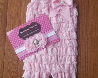 Pink Petti Lace Romper and Headband set,Birthday,flower girl,newborn photo prop, Chistening, Baptism,infant, toddler, girl