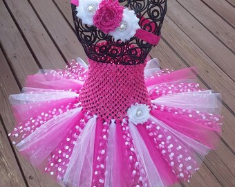 Pink White & Pink with White Dots Tutu Dress and Headhand Set,Birthday,flower girl,ballerina,photo prop,costume, infant, baby, toddler, girl