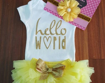 Ready to ship Gold Glitter Vinyl Bling "Hello world "Onesie,chiffonTutu Bloomers, &Headband Set, newborn, hospital outfit,take home set