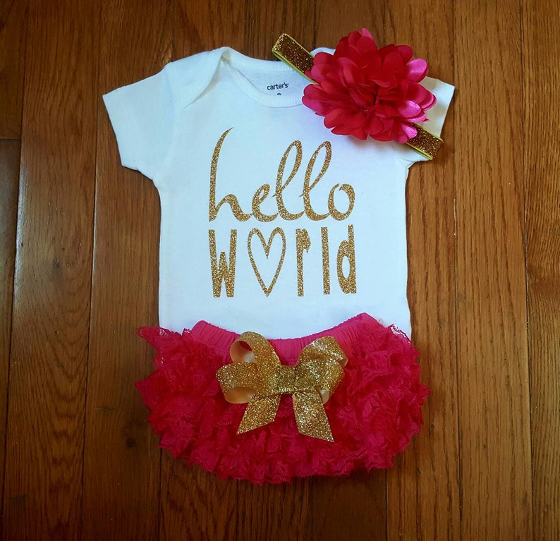 Gold Glitter Vinyl hello World Onesie Aqua Lace Etsy